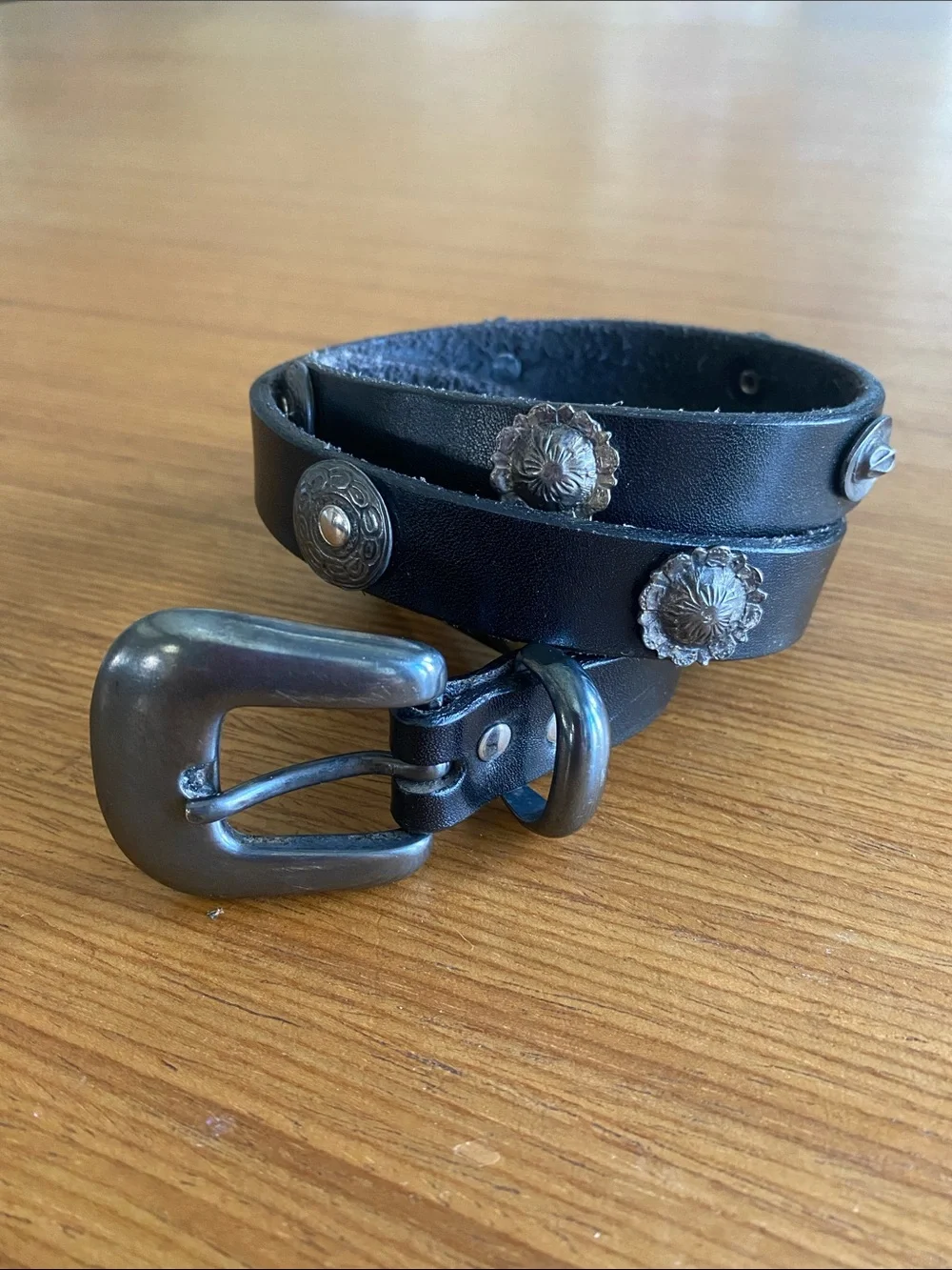 Vintage Black Leather Western Motif Belt Cowboy Hat Concho Small